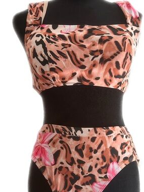 Leopard Print Bikini Set with Pink Floral Accents